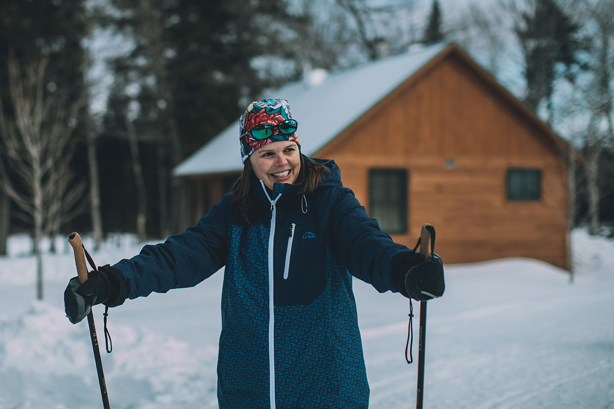 Cross-country skier at Medawisla Lodge and Cabins, Maine Woods